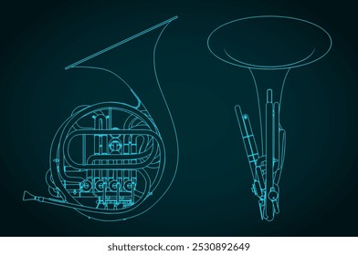 Stylized vector illustration of blueprints of a french horn