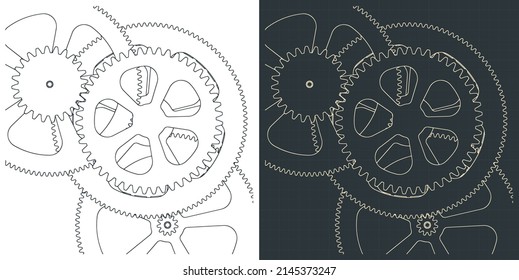 Stylized vector illustration of blueprints of gear mechanism