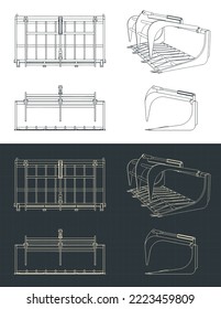 Stylized vector illustration of blueprints of grapple bucket