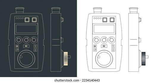 Stylized vector illustration of blueprints of hand remote control for CNC machine