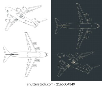 Stylized vector illustration of blueprints of heavy cargo aircraft close up
