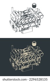 Ilustración vectorial estilizada de planos del motor diésel marino de gran potencia