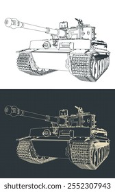 Stylized vector illustration of the blueprints of a heavy German tank from World War II, the Tiger