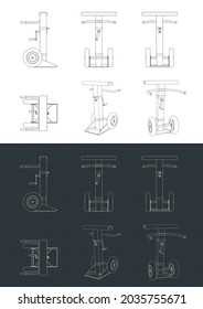 Stylized vector illustration of blueprints of heavy-duty trailer dolly