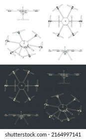 Stylized vector illustration of blueprints of hexacopter