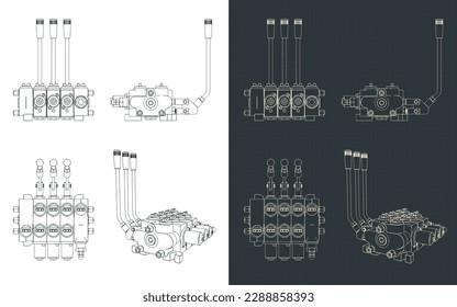 Stylized vector illustration of blueprints of hydraulic directional control valve