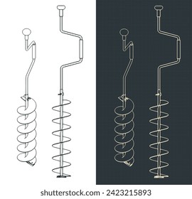 Stylized vector illustration of blueprints of an ice cutting auger for winter fishing