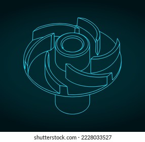 Stylized vector illustration of blueprints of impeller isometric blueprints