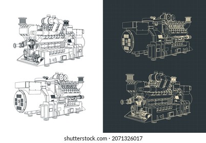 Stylized vector illustration of blueprints of industrial gas engine