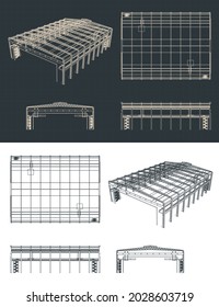 Ilustración vectorial estilizada de planos de gran hangar industrial