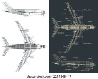 Stylized vector illustration of blueprints of large passenger plane