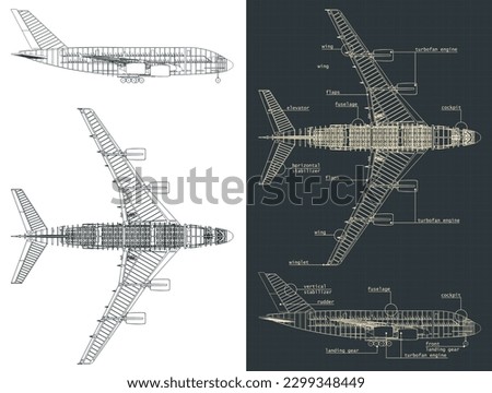 Stylized vector illustration of blueprints of large passenger plane