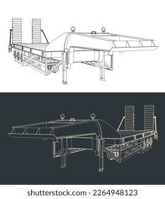 Stylized vector illustration of blueprints of low bed trailer