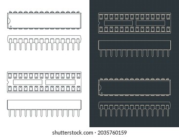 Stylized vector illustration of blueprints of microcontroller and DIP socket