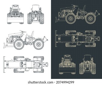 Stylized vector illustration of blueprints of mini tractor