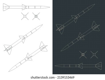 Stylized vector illustration of blueprints of missile
