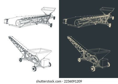 Stylized vector illustration of blueprints of mobile conveyor