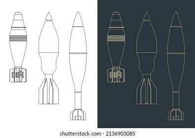 Stylized vector illustration of blueprints of mortar shells