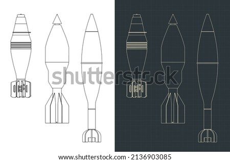 Stylized vector illustration of blueprints of mortar shells