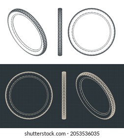 Stylized Vector Illustration Of Blueprints Of Mountain Bike Tire