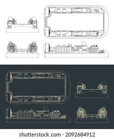 Stylized vector illustration of blueprints of navy carrier hovercraft