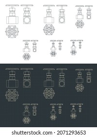 Stylized vector illustration of blueprints of needle valves set