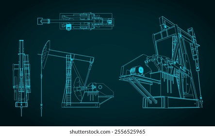 Stylized vector illustration of blueprints of oil pump jack