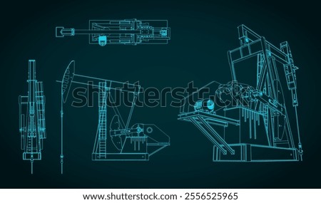 Stylized vector illustration of blueprints of oil pump jack