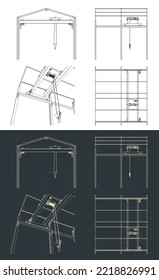 Stylized vector illustration of blueprints of overhead crane and warehouse structure