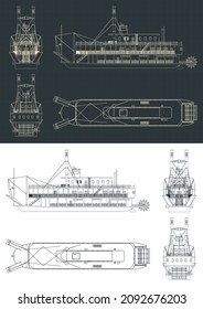 Stylized vector illustration of blueprints of paddle steamer