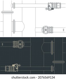 Stylized vector illustration of blueprints of pipes and valves