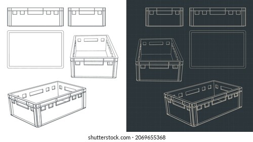 Stylized vector illustration of blueprints of plastic pallet box