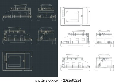 Stylized vector illustration of blueprints of pontoon houseboat