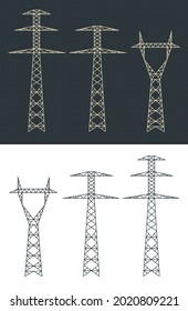 Stylized vector illustration of blueprints of power poles