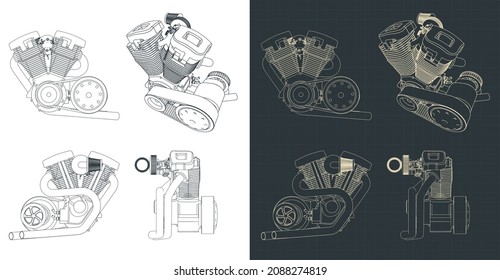 Stylized vector illustration of blueprints of powerful  V-Twin motorcycle engine