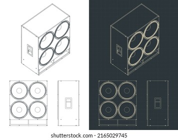Stylized vector illustration of blueprints of powerful subwoofer