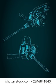 Stylized vector illustration of blueprints of powerful hammer drill