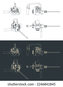 Stylized vector illustration of blueprints of powerful hammer drill