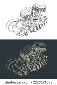 Stylized vector illustration of blueprints of powerful motorcycle engine