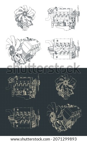 Stylized vector illustration of blueprints of powerful V8 turbo engine