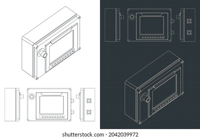 Stylized vector illustration of blueprints of a programmable logic controller for controlling automated lines and industrial robots