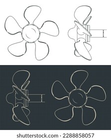 Stylized vector illustration of blueprints of propeller screw with variable blade angle