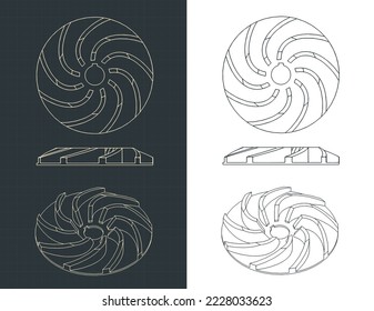 Stylized vector illustration of blueprints of pump impeller blueprints