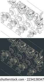 Stylized vector illustration of blueprints of pump station
