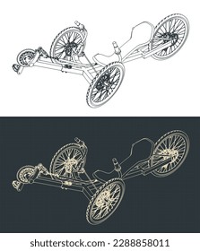 Stylized vector illustration of blueprints of recumbent bike