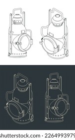 Stylized vector illustration of blueprints of retro railway signal lamp