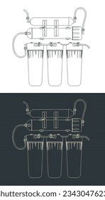 Stylized vector illustration of blueprints of reverse osmosis system