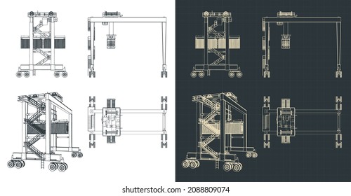 Stylized vector illustration of blueprints of rubber-tired overhead gantry crane