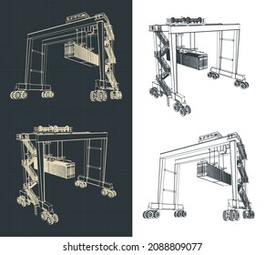 Stylized vector illustration of blueprints of rubber-tired overhead gantry crane