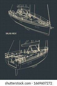 Stylized vector illustration of blueprints of a sailing yacht